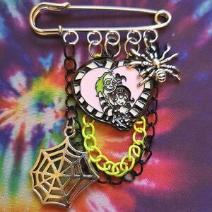 Handmade Beetlejuice Charm Safety Pin Brooch